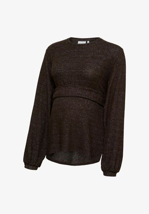 Tamsiai rudas ilgomis rankovėmis nėščiųjų megztinis su elastine juosmens dalimi ir apvalia iškirpte, sukurtas prisitaikyti prie nėščiosios pilvo.