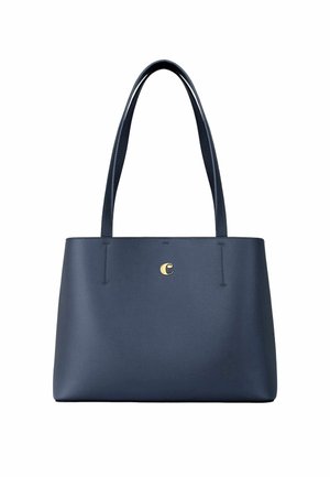 Sac cabas en cuir bleu marine avec deux longues poignées et un petit emblème doré en forme de croissant au centre avant.