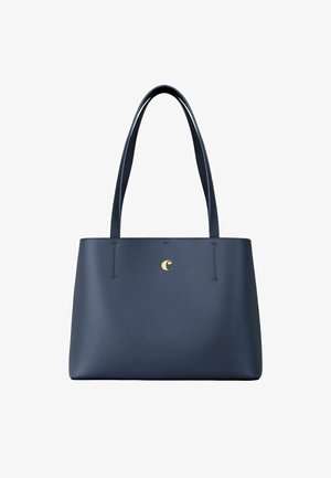 Mørkeblå lærhandtaske med to lange håndtag og et lille gyldent halvmåneformet emblem i midten foran.