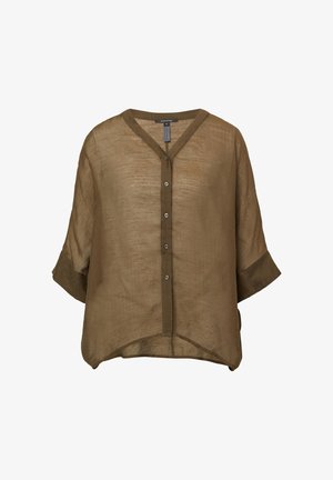 Olive green, loose-fitting button-up shirt with a V-neck, short sleeves, and a slightly curved hem. Soft, textured fabric with a smooth finish.