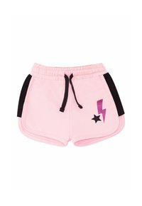 Shorts rosa con pannelli laterali neri, vita elasticizzata e coulisse. Presentano un design con una stella nera e un fulmine viola. Tessuto morbido.
