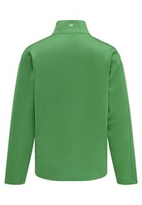 Grøn fleece-pullover med høj krave. Den har lange ærmer og minimal syning. Materialet er glat med en mat finish.