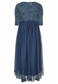 Námořnické šaty se sekvenkovaným korpusem, polovičními rukávy a plynoucím průsvitným překryvem, s uzavíráním na zip na zadní straně a stáhnutým pasem.