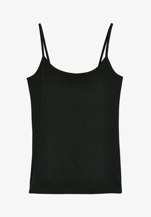 Juodas kamshinas, pagamintas iš švelnios medžiagos, su plonais reguliuojamais petnešomis, apvalia iškirpte ir lygia tekstūra. Be raštų ar akcentų.