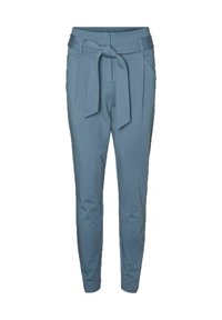 Light blue trousers made of smooth fabric, featuring a high waist, belt with a knot, and tapered legs with side pockets.
