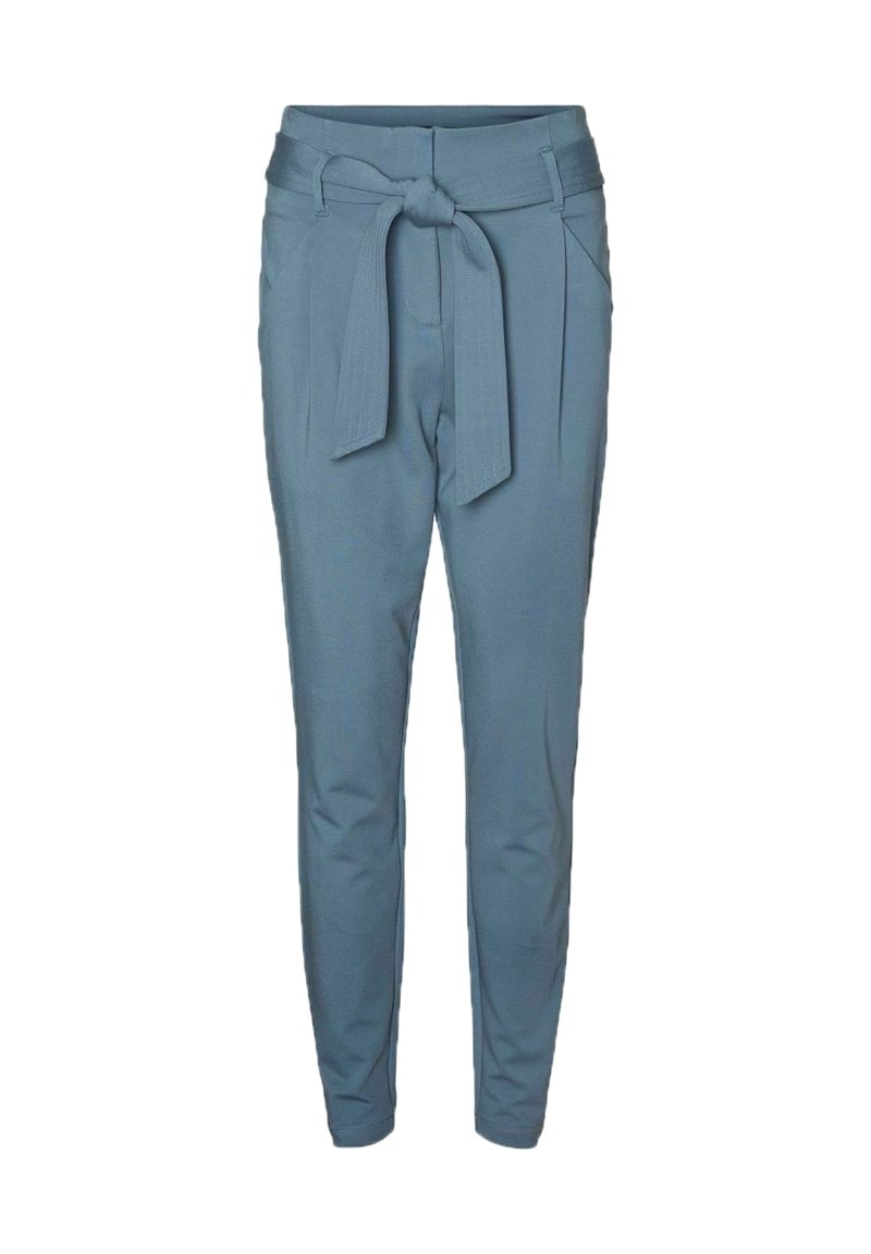 Light blue trousers made of smooth fabric, featuring a high waist, belt with a knot, and tapered legs with side pockets.