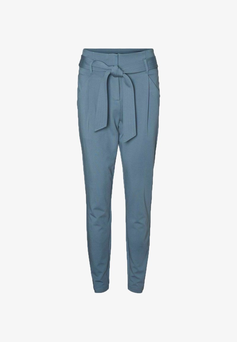 Light blue trousers made of smooth fabric, featuring a high waist, belt with a knot, and tapered legs with side pockets.