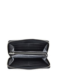 Black zip-around wallet with a textured exterior. Features multiple card slots and compartments, lined with black and white striped fabric.