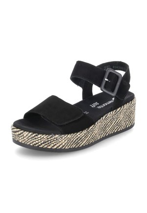 Black suede platform sandal with wide strap, adjustable buckle, and woven texture on the outsole; open-toe design with padded footbed.