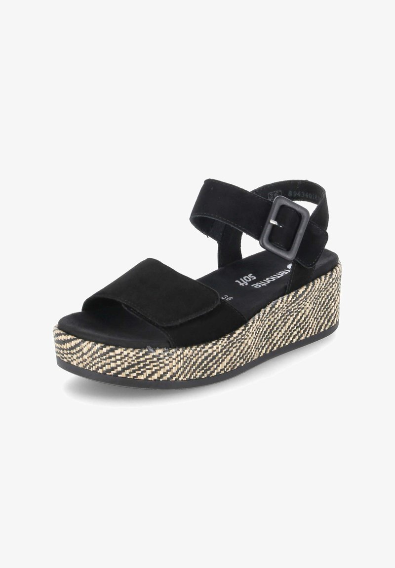 Sandalia de plataforma negra de ante con tira ancha, hebilla ajustable y textura trenzada en la suela; diseño de punta abierta con plantilla acolchada.