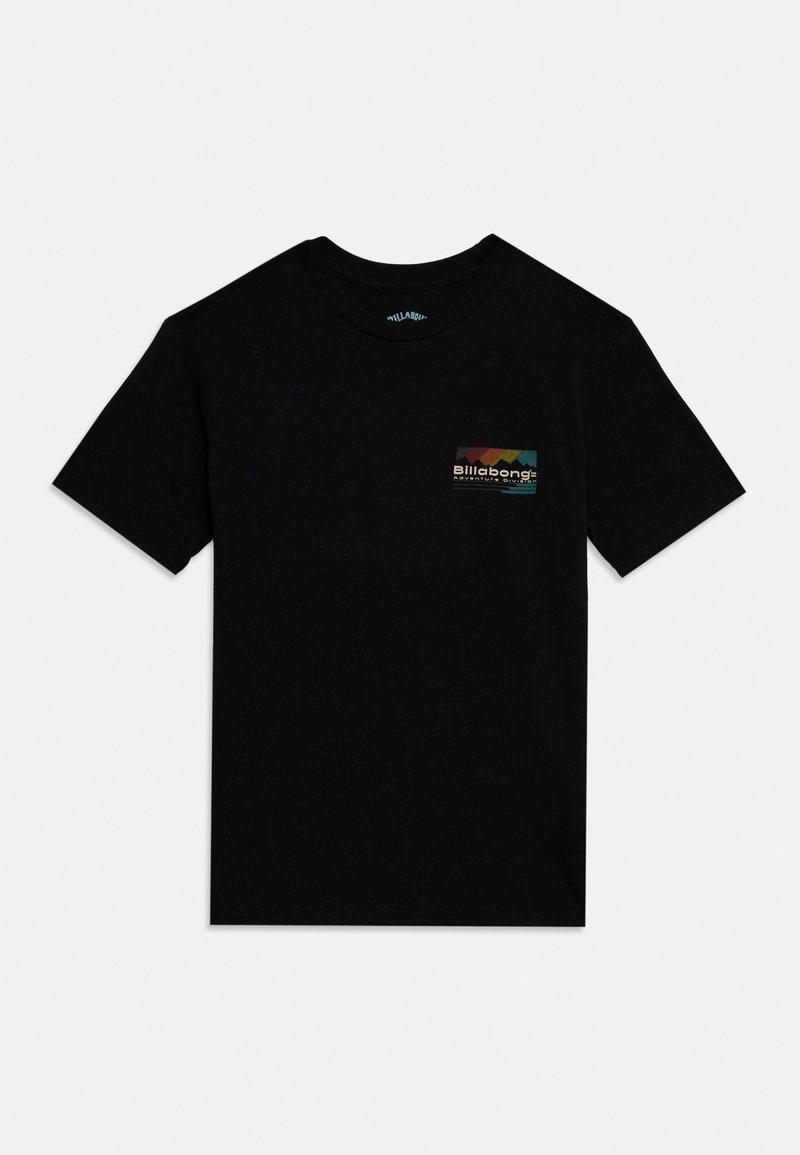 Black cotton t-shirt with short sleeves. Features a colorful, rectangular "Billabong" logo on the left chest area. Classic crew neckline.