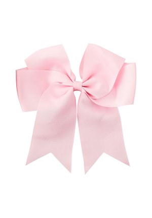 Pink ribbon bow made of textured fabric, featuring wide loops and two elongated tail ends. The surface has a ribbed pattern.