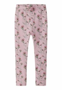 Roze legging met een bloemenpatroon met groene stengels en paarse bloemen. Gemaakt van zachte stof, ze hebben een elastische tailleband.