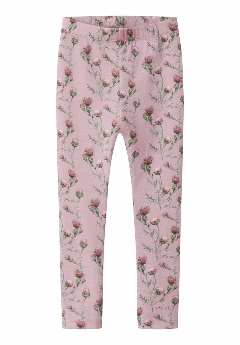 Roze legging met een bloemenpatroon met groene stengels en paarse bloemen. Gemaakt van zachte stof, ze hebben een elastische tailleband.