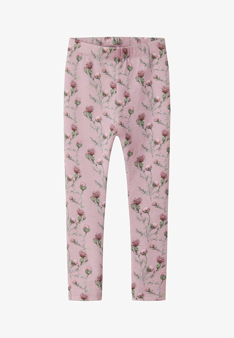 Roze legging met een bloemenpatroon met groene stengels en paarse bloemen. Gemaakt van zachte stof, ze hebben een elastische tailleband.