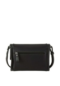 Borsa a tracolla nera in pelle con finitura testurizzata, dotata di una tasca frontale con zip e tracolla regolabile. Design rettangolare compatto.