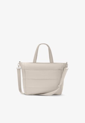 Beige rectangular tote bag with two short handles and one adjustable, detachable shoulder strap on white background.