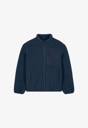 Marineblauwe fleecejas met volledige ritssluiting, twee zijzakken, een ritssluiting op de borstzak en elastische manchetten.