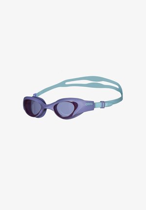Gafas de natación en color púrpura y azul claro con un diseño curvado, material de silicona suave, correa ajustable y acentos laterales texturizados.