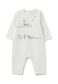 Weißer Baby-Overall mit langen Ärmeln, der Illustrationen von Winnie Puuh, Ferkel, Tigger, Eeyore und einem freundlichen Elefanten zeigt, ergänzt durch Textakzente.