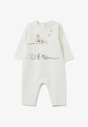 Combi-short blanche à manches longues avec des illustrations de Winnie l'Ourson, Porcinet, Tigrou, Bourriquet et d'un éléphant amical, accompagnées de textes.