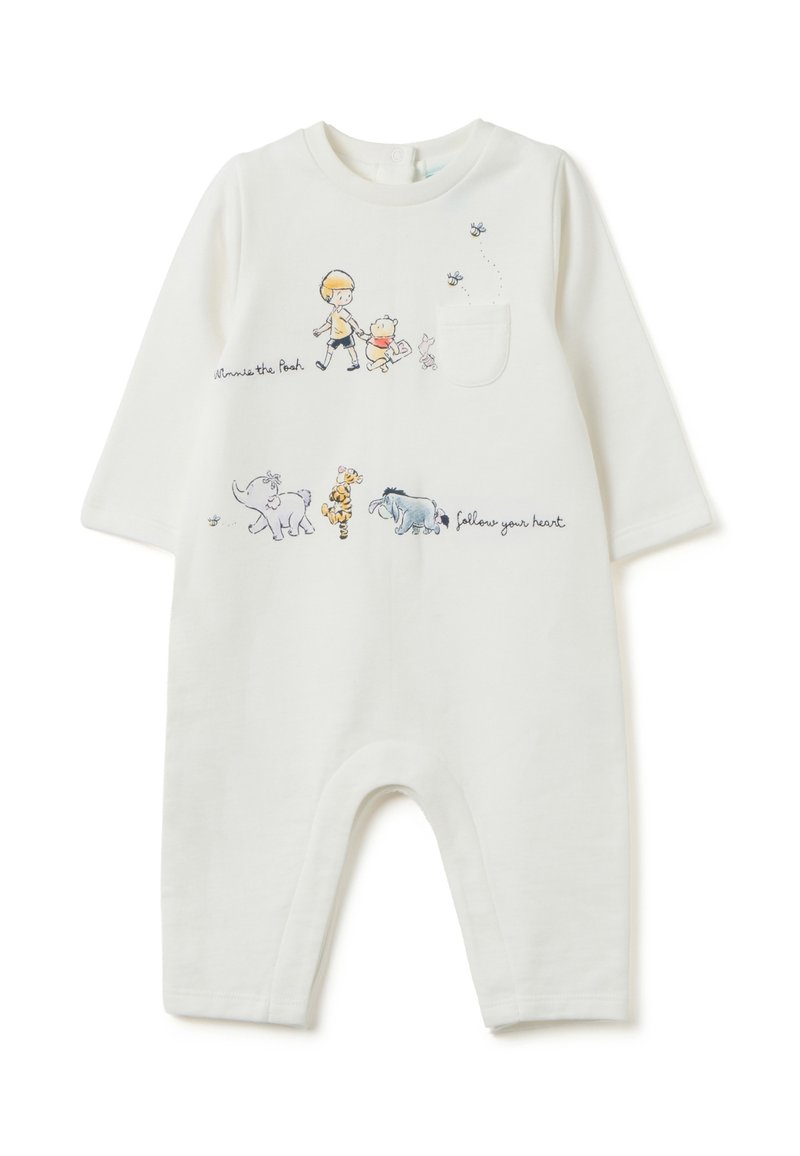 Weißer Baby-Overall mit langen Ärmeln, der Illustrationen von Winnie Puuh, Ferkel, Tigger, Eeyore und einem freundlichen Elefanten zeigt, ergänzt durch Textakzente.