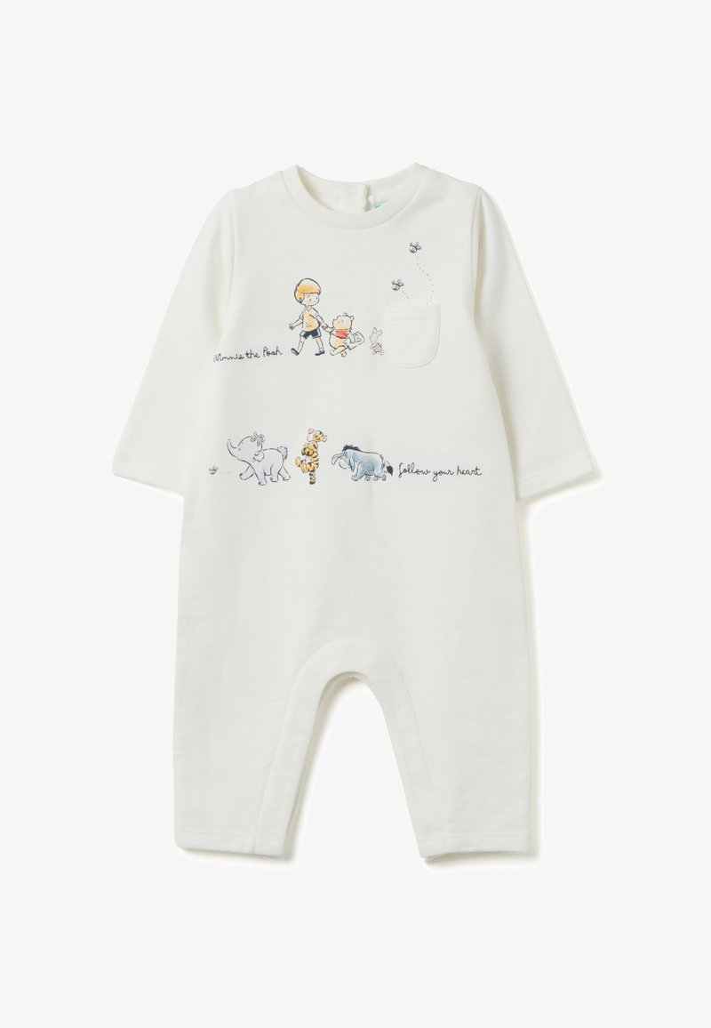 Romper blanco para bebé con mangas largas que presenta ilustraciones de Winnie the Pooh, Piglet, Tigger, Eeyore y un elefante amistoso, acompañadas de textos decorativos.
