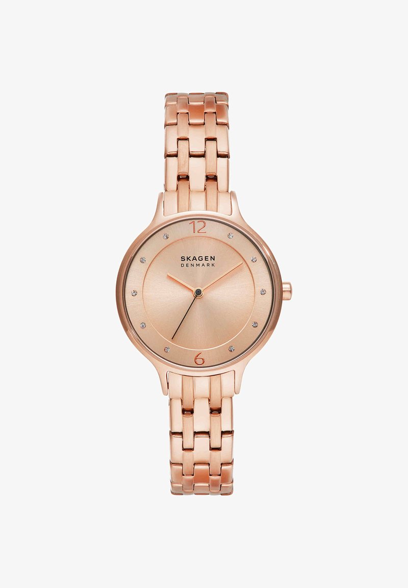 Ceas de mână Skagen Denmark din aur roz cu brățară metalică legată, cadran minimalist cu marcaje de oră din cristal și cifrele 12 și 6.