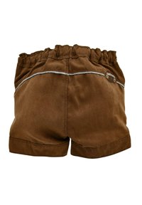 Braune Shorts aus einem weichen, wildlederähnlichen Material. Mit einem elastischen Bund, feinen Steppnähten und einem kleinen Markenpatch.