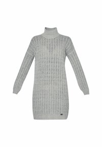 Robe-pull gris clair en maille à manches longues avec col roulé et motif vertical texturé, poignets et ourlet côtelés.