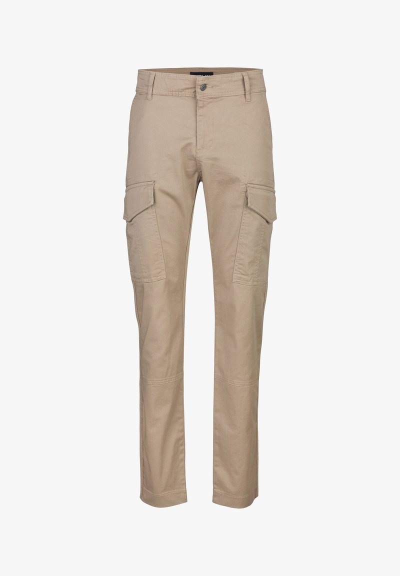 Μπεζ παντελόνι cargo με μπροστινό κουμπί, κλείσιμο με φερμουάρ, θηλιές για ζώνη και μεγάλες τσέπες με καπάκι και στις δύο μηροί.