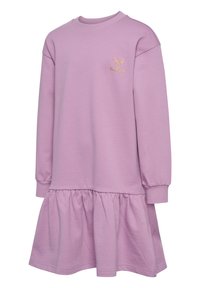 Lila sweatshirtklänning med långa ärmar, ribbade muddar, rund halsringning och utsvängd volangkant. Har en liten guldfärgad logotyp på bröstet.