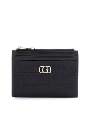 Porte-cartes en cuir noir embossé d'un motif répétitif "G", avec une plaque logo double "G" en argent et un compartiment supérieur zippé.
