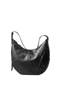 Schwarze Leder-Schultertasche mit einer geschwungenen Form, verstellbarem Tragegurt und einer Reißverschlusstasche auf der Vorderseite für zusätzliche Funktionalität.