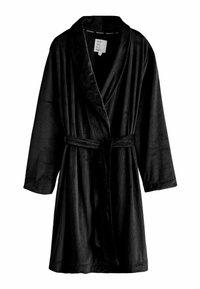 Schwarzer, weicher Morgenmantel mit Schalkragen, langen Ärmeln und passendem Gürtel. Hat eine weiche Textur und reicht bis zur Mitte der Waden.