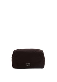 Borsetta cosmetica nera in nylon con forma arrotondata, chiusura superiore con zip e stampa del logo bianco "BIMBA Y LOLA" sul davanti. Texture liscia.