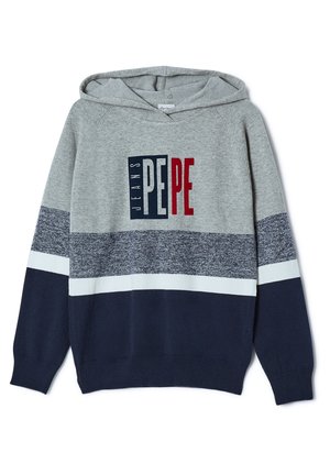 Hættetrøje med grå, navyblå og hvide farveblokke, med "PEPE JEANS" logo i blå og rød på brystet.