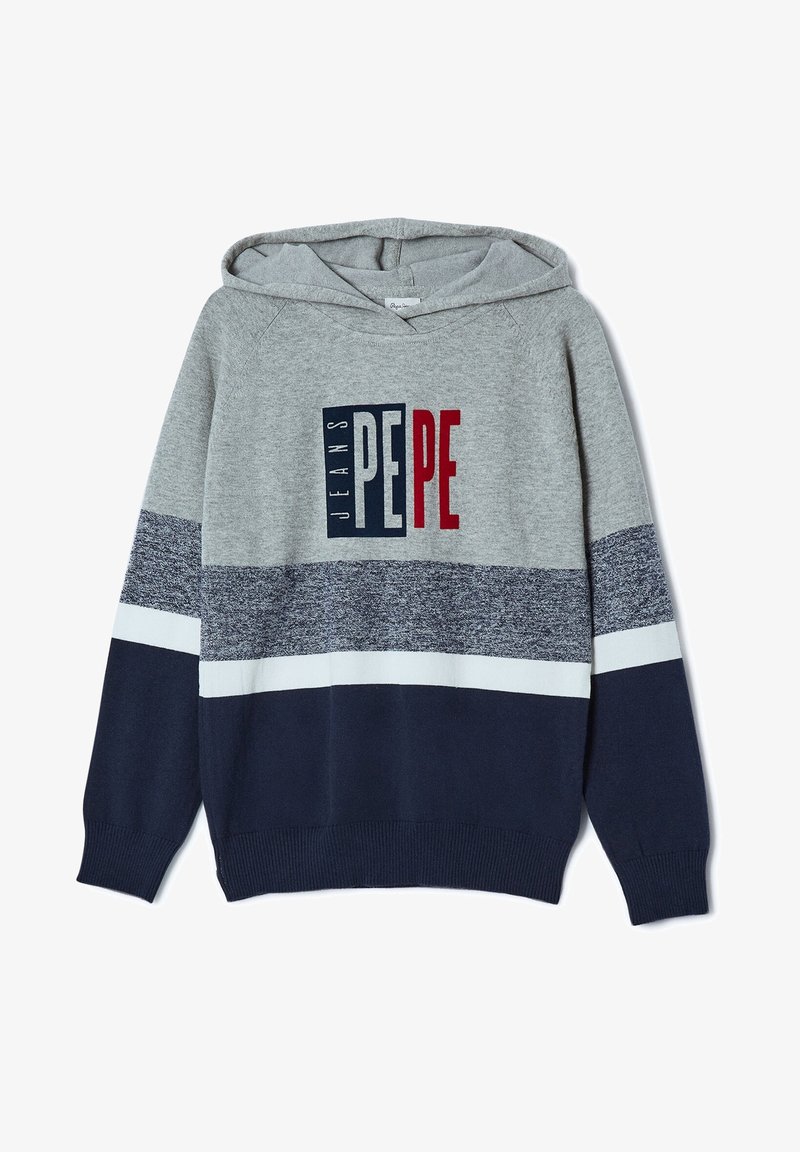 Sweat à capuche avec blocs de couleur gris, bleu marine et blanc, avec le logo « PEPE JEANS » en bleu et rouge sur la poitrine.