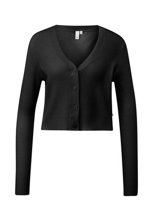 Čierny rebrovaný pletený krátky kardigán s dlhými rukávmi, výstrihom do V a štyrmi prednými gombíkmi, veľkosť malá.