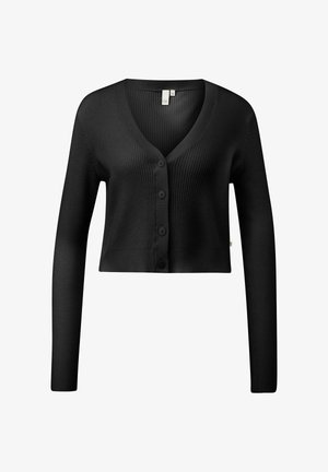 Melna ribota adīta saīsināta džempera žakete ar garām piedurknēm, V veida izgriezumu un četriem priekšējiem pogām, izmērs mazs.