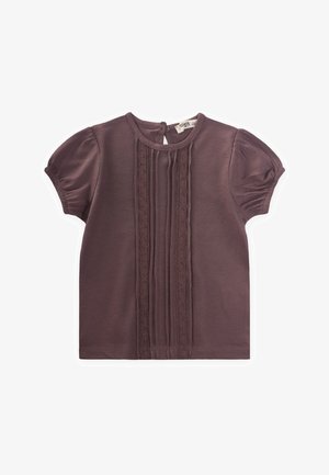 Short-sleeve, mauve cotton top featuring a round neckline, back button closure, and front pleated design with lace detailing.