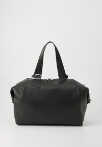 Black leather duffel bag with sturdy handles, silver hardware, smooth texture, and rounded shape. Zipper closure at the top.
