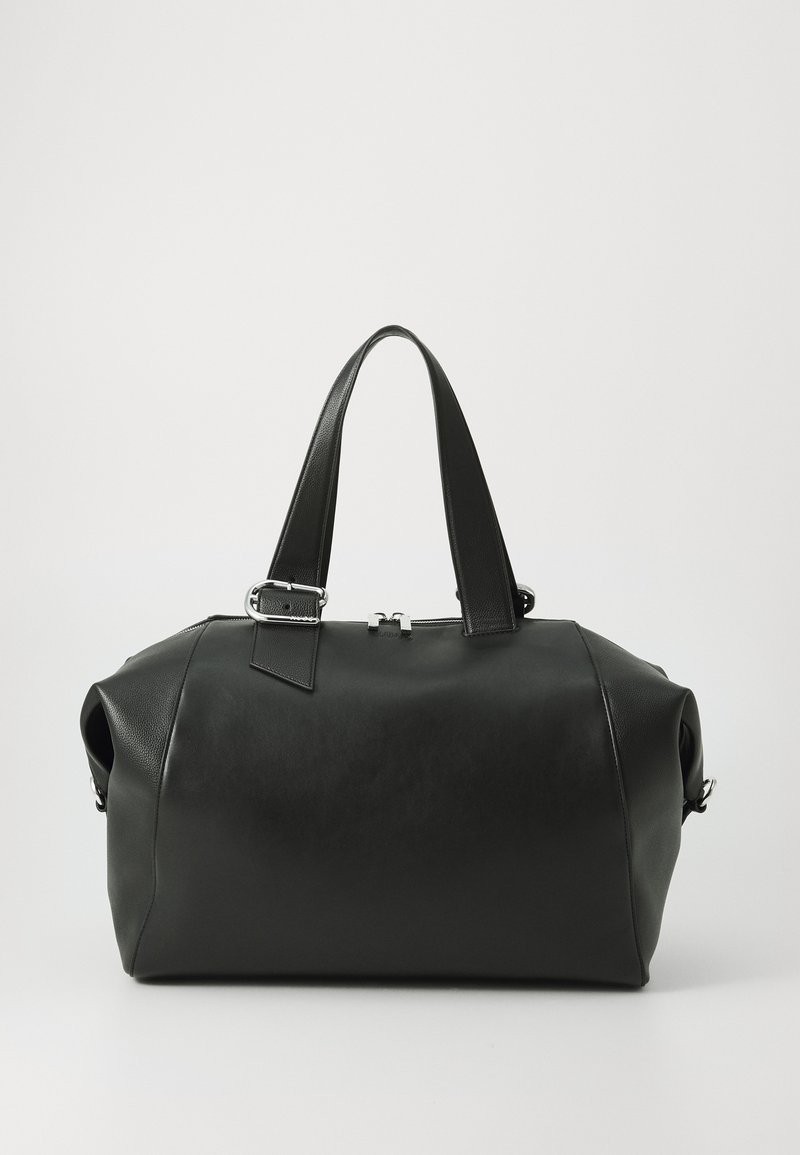 Black leather duffel bag with sturdy handles, silver hardware, smooth texture, and rounded shape. Zipper closure at the top.