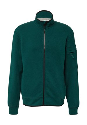 Grüne Fleecejacke mit hohem Kragen, durchgehendem Reißverschluss und gerippten Bündchen. Verfügt über eine Reißverschlusstasche am linken Arm und schwarze Akzente.