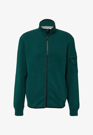 Grüne Fleecejacke mit hohem Kragen, durchgehendem Reißverschluss und gerippten Bündchen. Verfügt über eine Reißverschlusstasche am linken Arm und schwarze Akzente.