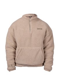 Beige Fleece-Pullover mit einem halben Reißverschlusskragen, Fronttasche und Logo. Verfügt über strukturiertes Material und eine lockere Passform. Mit dezentem Stitching akzentuiert.