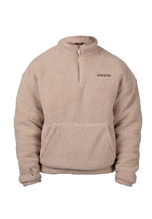 Beige Fleece-Pullover mit einem halben Reißverschlusskragen, Fronttasche und Logo. Verfügt über strukturiertes Material und eine lockere Passform. Mit dezentem Stitching akzentuiert.