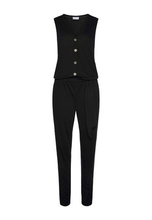 Combinaison noire sans manches avec col en V, quatre boutons sur le devant, taille ample avec un lien latéral et jambes fuselées.