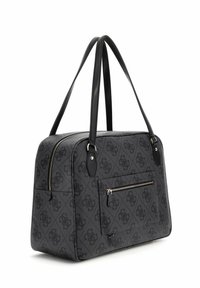 Sac à main noir avec texture lisse, doubles poignées, fermeture éclair et poche zippée à l'avant. Présente un motif de logo subtil sur la surface.