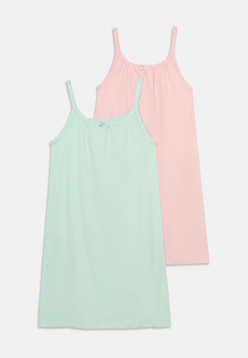 Δύο νυχτικά χωρίς μανίκια σε παστέλ αποχρώσεις, ένα ανοιχτό πράσινο και ένα ανοιχτό ροζ, με λεπτές τιράντες και μικρά φιόγκους στο ντεκολτέ.